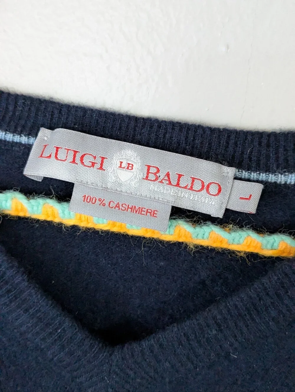 Luigi Baldo 100% Cashmere Navy Blue V-Neck Long Sleeve Sweater Size Large
